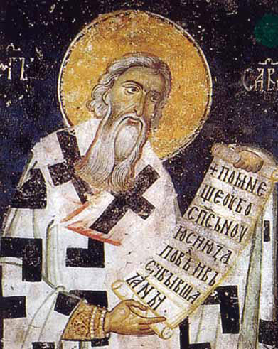Sv. Sava Nemanić. Freska iz XIII veka u crkvi Svetih Apostola u Peći, Kosovo.